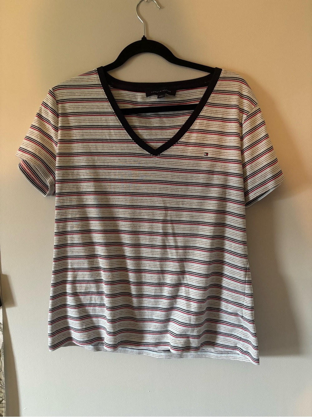 Y2K Tommy Hilfiger Striped V-Neck Tee in White with Red & Navy Stripes